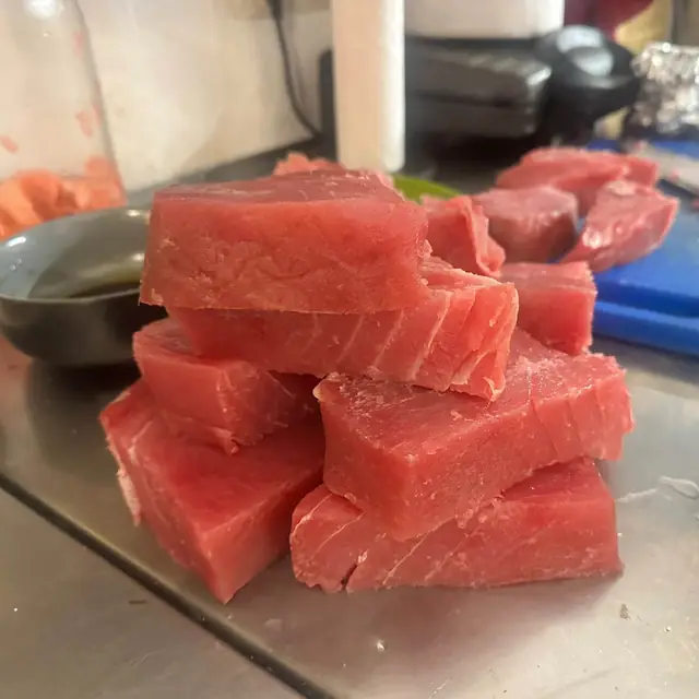 Fresh tuna cut into blocks